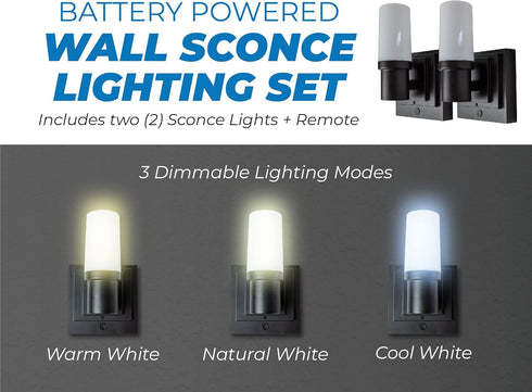 2 Pack 160 4 Westek Battery Operated Wall Sconce with Remote, Plastic Wireless Battery Wall Light, Easy No Wire Install