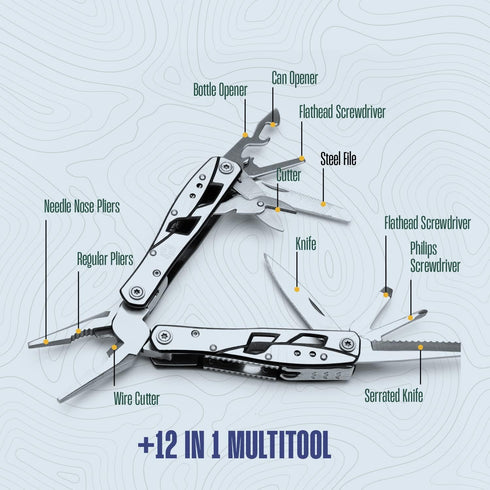 Multitool Plier - 12 In 1 Stainless Steel Pocket Multi Tool With Durable Sheath For Camping, Survival Gear - Safety Locking Camping Accessories With Cutter, Bottle Opener, Screwdriver by Hayvenhurst by Hayvenhurst