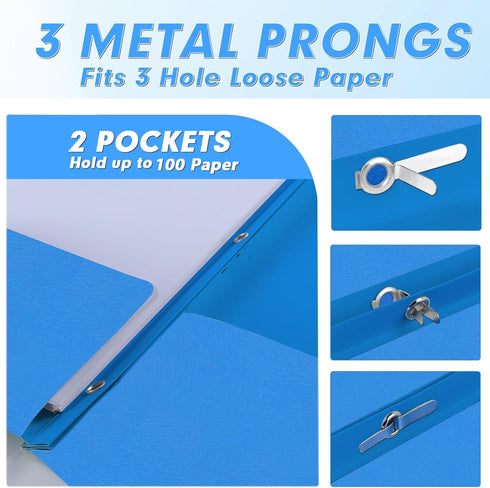 PANDRI Two Pocket Folders, 30 Pack with Prongs, Designed for Office and Classroom, Letter Size Light Blue