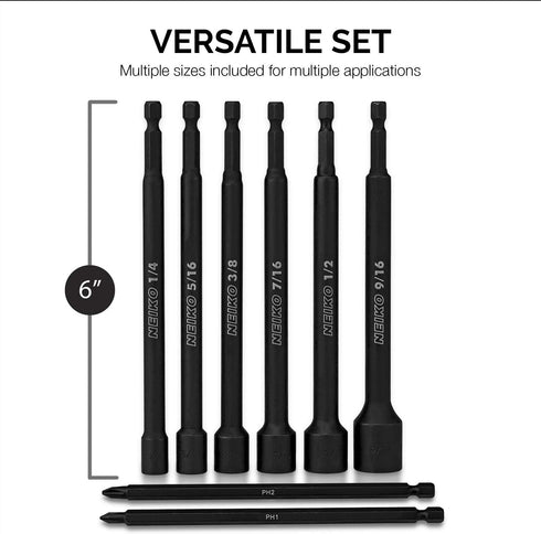 NEIKO 10067A Magnetic Impact Nut Driver and Power Bit Tool Set | 8 Pieces, SAE | 6 Inches with Magnetic Tip Sockets