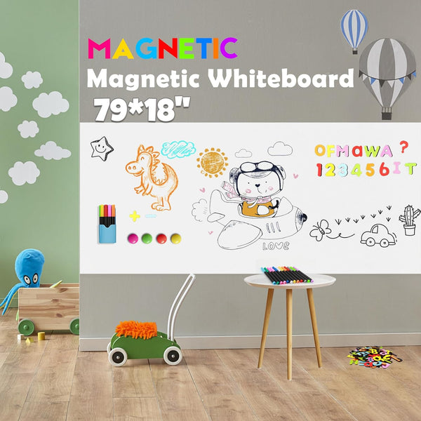 Magnetic Whiteboard Paper 79" x 18", Adhesive Dry Erase Sticker with 79 Magnetic Letters and 12 Colors of Liquid Chalk