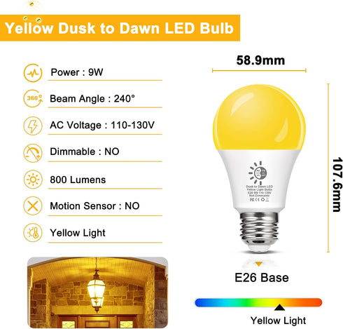 Bulbs 60W Bulb 9W 2000K A19 2 Pack Flaspar Dusk to Dawn LED Yellow Bug Light Outdoor Equivalent, Amber Yellow Bug Light