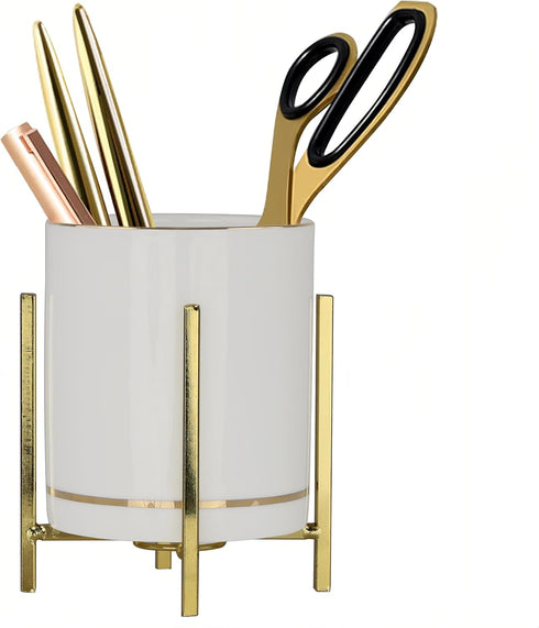 Gold Pen Holder for Desk, Aesthetic Ceramic Pencil Cup with Metal Legs, Makeup Cup for Brushes