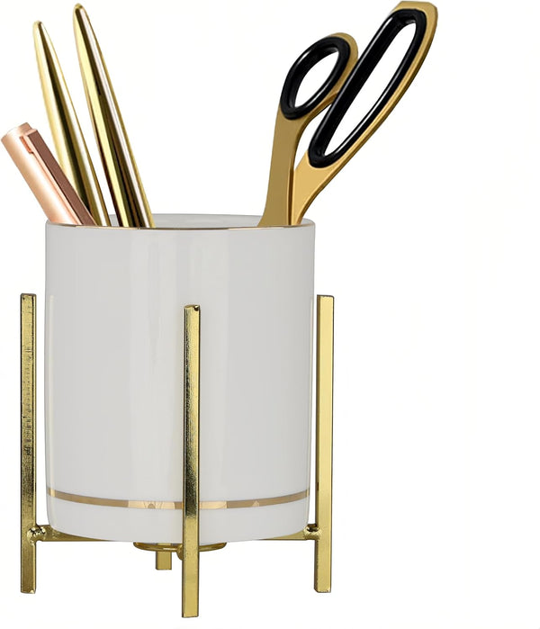 Gold Pen Holder for Desk, Aesthetic Ceramic Pencil Cup with Metal Legs, Makeup Cup for Brushes