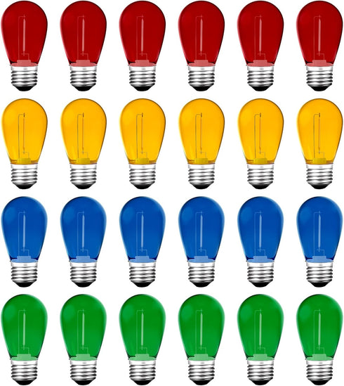 24 Pack S14 Colored LED String Light Bulbs, 1 Watt Shatterproof, E26 Base, Multi-Color