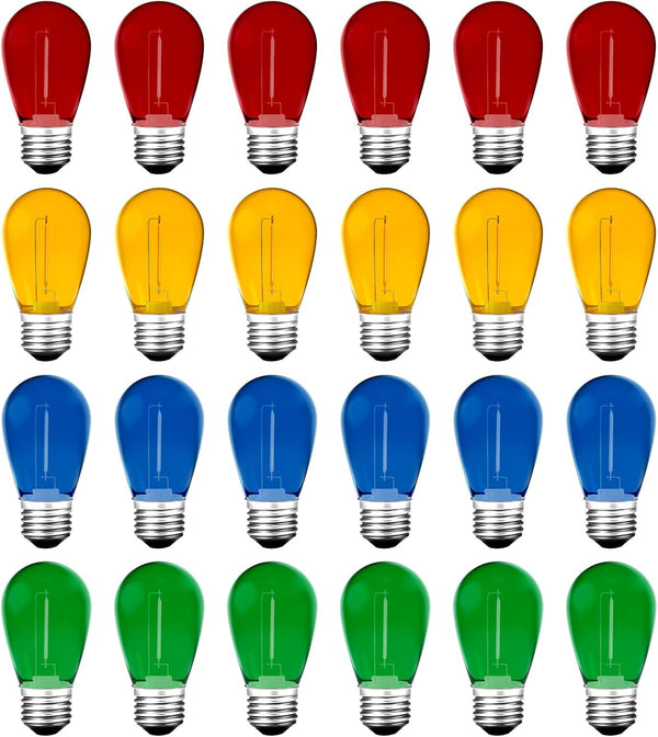 24 Pack S14 Colored LED String Light Bulbs, 1 Watt Shatterproof, E26 Base, Multi-Color