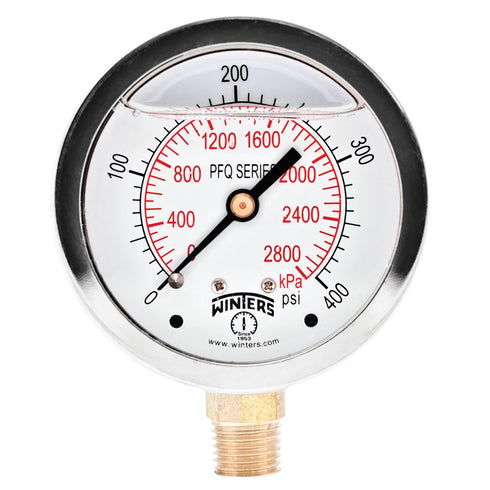Winters 2-1/2" Dial Size Liquid Filled Industrial Pressure Gauge, Brass Internals, 304 Stainless Steel Case, 0-400