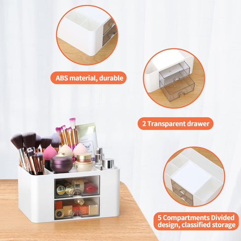 LETURE Desk Organizer with 2 Drawer - Plastic Desktop Pen Pencil Card Holder for Office Supplies, White