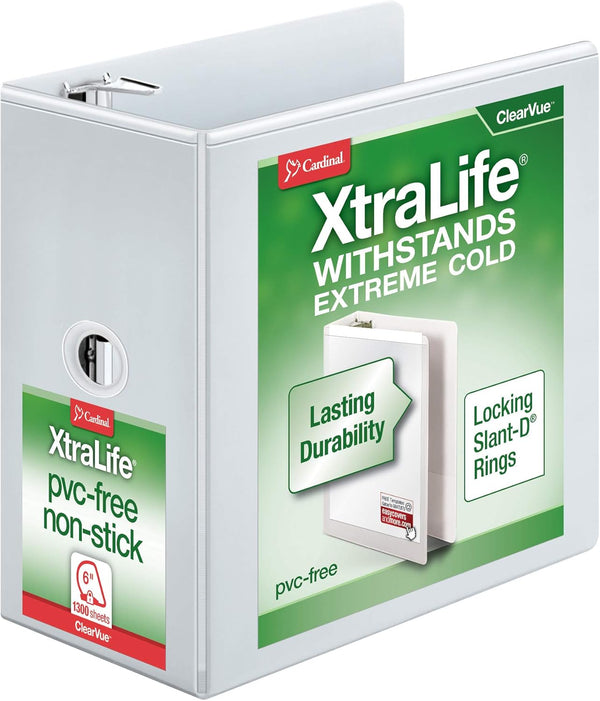 Cardinal 6 Inch Heavy Duty 3 Ring Binder, XtraLife, Locking Slant-D Rings, Holds 1,300 Sheets, White