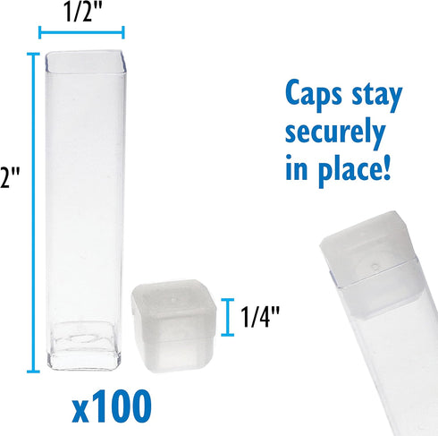 The Beadsmith Clear Plastic Tubes, 2 x .5 Inch Square with Flat Caps, Bag of 100
