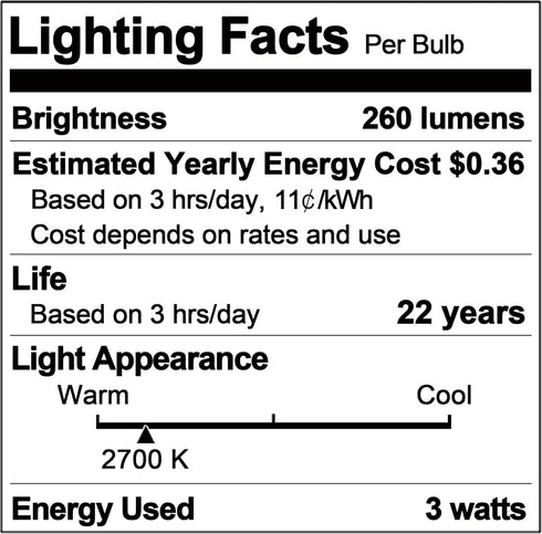 G40 Bulb 3W 25 Bulbs, E26 2700K, Dimmable Bulb Pack 2 Led Low Wattage Equivalent Watt Light Standard Small Power
