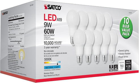 S11401 9-Watt A19 Bulb, 5000K 800 E26 10 Pack Satco LED Light Natural Light, Lumens, Medium Base