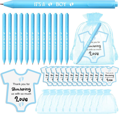 TaoBary Blue Retractable Ballpoint Pens (50 Pcs) with Cards and Organza Bags, It's a Boy Themed Baby Shower Favors