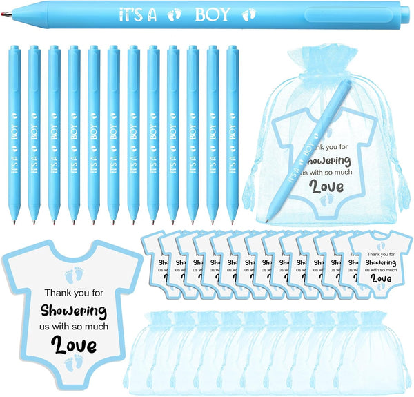 TaoBary Blue Retractable Ballpoint Pens (50 Pcs) with Cards and Organza Bags, It's a Boy Themed Baby Shower Favors
