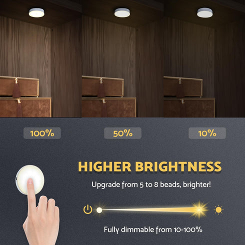 2 Pack, Dimmable Closet, 2600mAh DAZZY DOT Rechargeable Puck Lights Warm YellowTouch Light Stick on for Portable Night