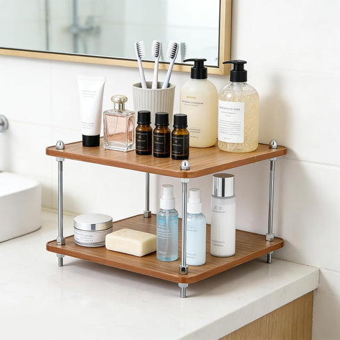 FMOACEN 2-Tier Counter Countertop Bathroom Organizer Wooden Bathroom Shelf for Makeup Skincare Perfume and Spices