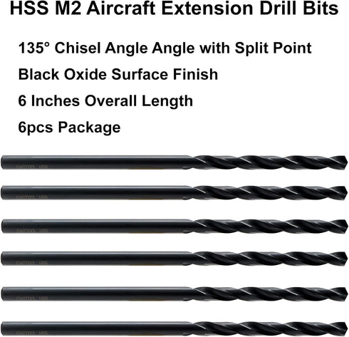 MAXTOOL 3/32"x6" 6pcs Identical Aircraft Extension Drills, HSS M2 Extra Long Deep Twist Drill Bits