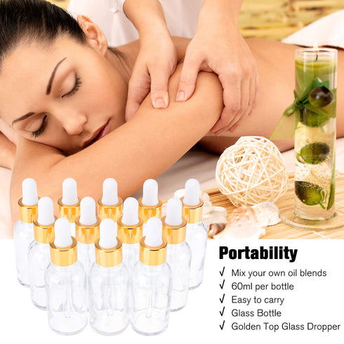 PrettyCare Eye Dropper Bottle 2 oz, 12 Pack Clear Glass Bottles with Golden Caps, Labels, Funnel & Pipettes