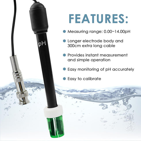 0-14 pH Electrode Probe, pH Meter with Replacement BNC Connector and 300cm Cable Sensor for Hydroponics, Aquarium
