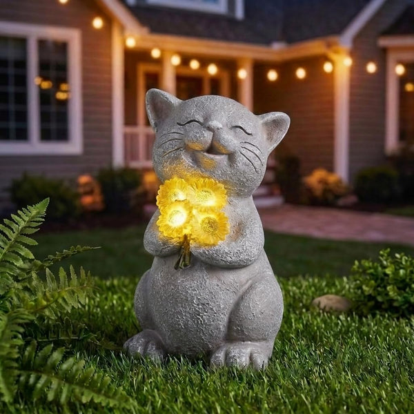 PETAFLOP Solar Cat Garden Statue Decor with Sunflower, Birthday Housewarming Gifts for