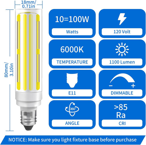 Dimmable JDE11 Bulbs 120V 100W Bulbs T6 E11 Bulb, 6000K 10W 1100lm E11 Fan,2Pcs ZHENMING Led Halogen Candelabra