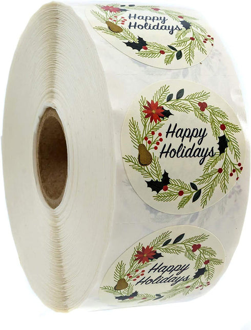 Ivory Holiday Floral Happy Holidays Stickers, 1000 White Wreath Christmas Labels Roll, 1.5" Round Seals