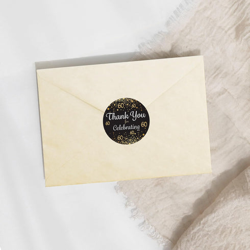 Black and Gold 60th Birthday Party Thank You Stickers, Set of 40 Stickers