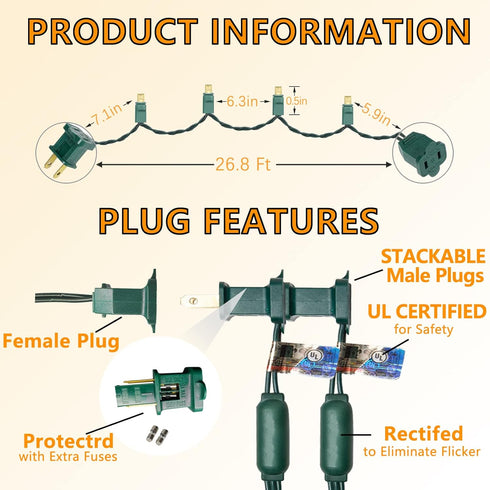 25ft 50 Counts Commercial IP:65, Warm White LED Christmas Lights - Grade Outdoor Waterproof, Green Wire, Xmas Tree
