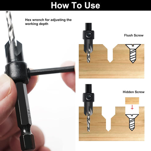 Countersink Drill Bit Set, 3Pcs M2 HSS Tapered Drill Bits with 1/4" Hex Shank and Allen Wrench