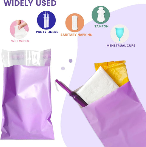300 10" 6" Disposable Sanitary Bags, Pcs, Purple, Self-sealing, Odor-proof, Rectangular, Plastic, x Bags for Feminine