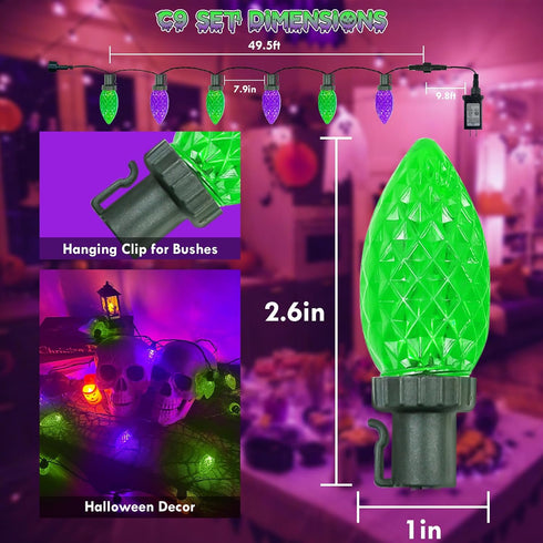 2PK 100 C9 98FT C9 13 LORRYTE Extendable Purple and Green LED Halloween Lights Indoor Outdoor Waterproof, Super Bright