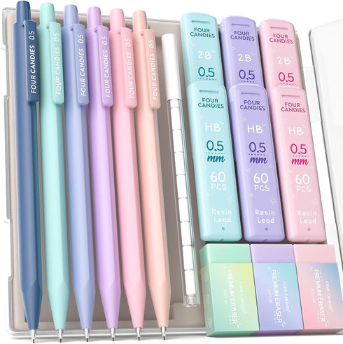 Four Candies Mechanical Pencils 0.5, with HB & 2B Lead Refills, 16-Count Pack with Case for School Supplies