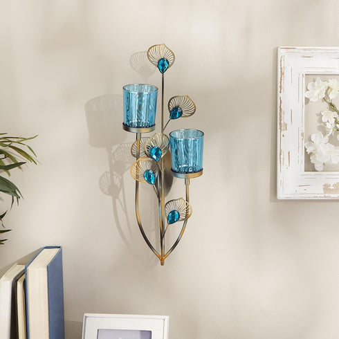 Elegant Peacock Plume Wall Sconce - Stunning Iron and Glass Design
