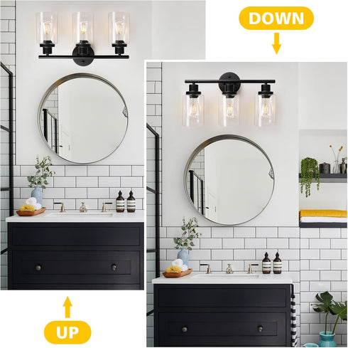 Unicozin 3 E26 Modern Bathroom Light Fixtures, Light Vanity Lights, Black Wall Lamp with Clear Glass for Bathroom
