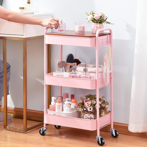 TOOLF Pink 3 Tier Rolling Cart, Metal Utility Cart with Wheels & Wooden Top, Organizer for Kitchen, Office, Bathroom