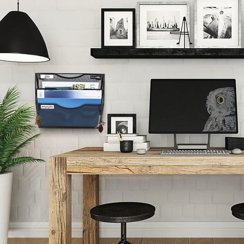 Wall File Organizer, 3 Tier Vertical Mesh Metal Hanging File Holder for Paper Document & Magazine Rack, Black