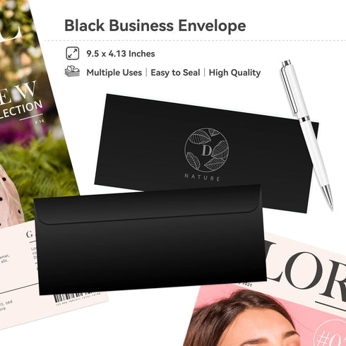 Business Envelopes, 200-Pack #10 Black Envelopes, Gummed Seal, 4-1/8 x 9-1/2 Inches for Mailing