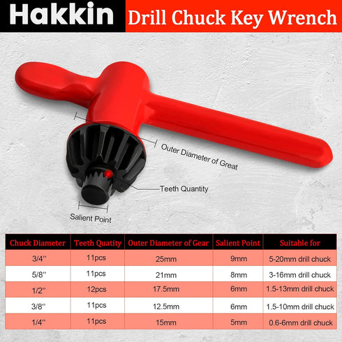 Hakkin Drill Press Chuck Key, 5 Sizes Replacement Wrench Key for Electric Drill Clamping Tool