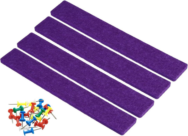 PATIKIL 4 Pack Felt Bulletin Board Bar Strip, Self Adhesive Wall Pin Board with Push Pins for Home Office Decor, Purple