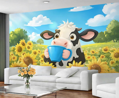 FELIAOQ Cartoon Dairy Cow Mural Wallpaper, Cute Dairy Cow Murals, Sunflower Flowers Murals, Wallpaper for Living Room