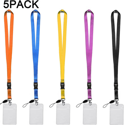 YOUOWO 5 Pack Neck Detachable Buckle Hook Breakaway Lanyards with Clear Vertical Badge Holder for Office Keys