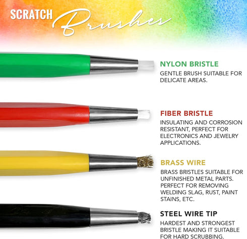 Pixiss Scratch Brush Pen Set, Fiberglass, Steel, Brass, Nylon, 4-Pack for Removing Corrosion and Rust