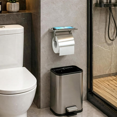 304 Toilet Paper Holder with Phone Shelf and Waterproof Cover, SUS Stainless Steel Tissue Roll Storage Rack (Polished