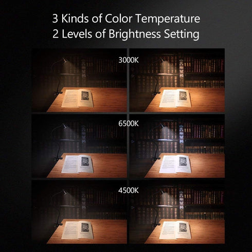 Clamp Desk Lamp, Clip on Reading Light, 3000-6500K Adjustable Color Temperature, 6 Illumination Modes, 10 Led Beads (Black) by CeSunlight
