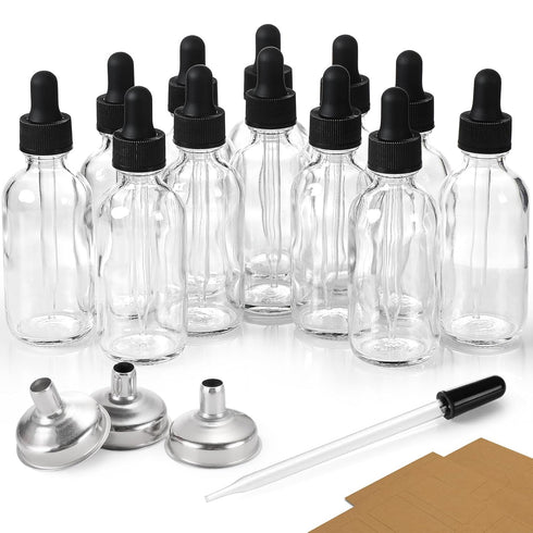 12 Pack 2 oz Glass Eye Dropper Bottles with 3 Stainless Steel Funnels, 1 Long Pipette Dropper, 24 Labels