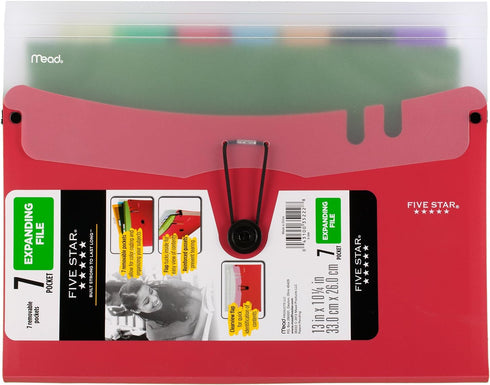 Five Star Expanding File with Removable Files, 7-Pocket Expandable File Folder, 13" x 10-1/4", Red (73944)