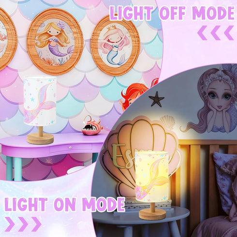Mermaid Table Lamp for Kids Bedroom - Mermaid Tail Pastel Kids Bedside Lamp with Linen Wooden Nightstand Nursery