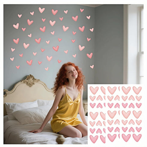 BUBBLE-FLY 60 Pcs Pink Heart Wall Decals, Repositionable PVC Wall Decals for Girls