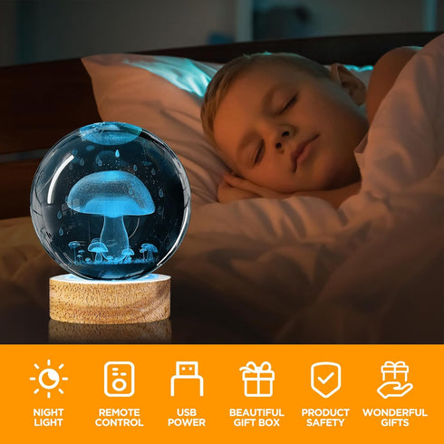 Oriamde 3D 3.15 inch 16 Mushroom Crystal Ball Night Light Glass Ball Lamp with Color Changing Wooden Base and Remote