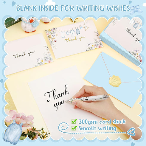50 Pack Set Thboxes Blue Baby Shower Thank You Cards with Envelopes and Stickers for Boy, Thank You Notes